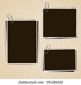 Photo frames composition with clips on retro background. Vector design template