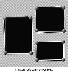 Photo frames composition with pins on transparent background. Vector design template