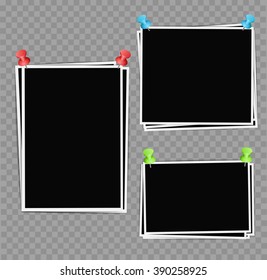 Photo frames composition with pushpins on transparent background. Vector design template