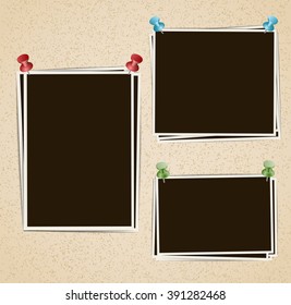 Photo frames composition with pushpins on retro background. Vector design template