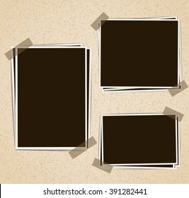 Photo frames composition with tape on retro background. Vector design template