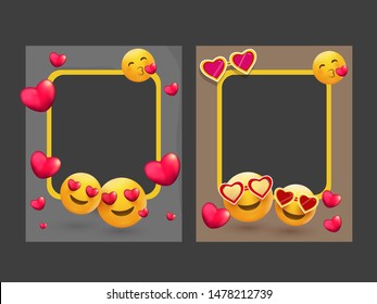 Photo frames decorated with different emoji and heart shapes.