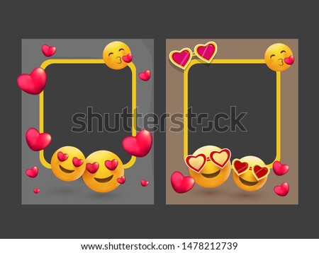 Photo frames decorated with different emoji and heart shapes.
