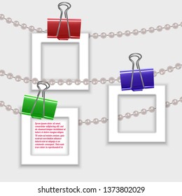Photo frames fixed on a rope of pearls, frames for photo or text. Postcard for your design. Vector EPS 10 illustration