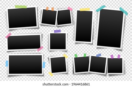 Photo frames fixed with sticky tape of different colors. Vector templates set for editing. Illustration of realistic empty photo with shadows isolated on transparent background.