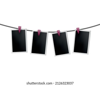 Photo frames hanged on rope. Retro instant photos on thread. Card frame image mockup, vector set. Icon design template. Remember the moment