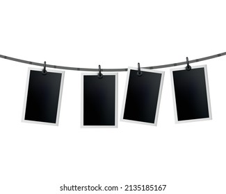 Fotografías colgadas en una cuerda. Fotos instantáneas retro en el hilo. Parodia de imagen de marco de tarjeta, conjunto de vectores. Plantilla de diseño de iconos. Recordar el momento