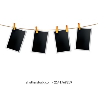 Photo frames hanged on rope. Retro instant photos on thread. Card frame image mockup, vector set. Icon design template. Remember the moment