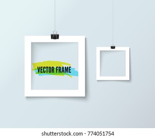 Photo frames hanging on line with paper clips and shadow isolated. Vector Illustration