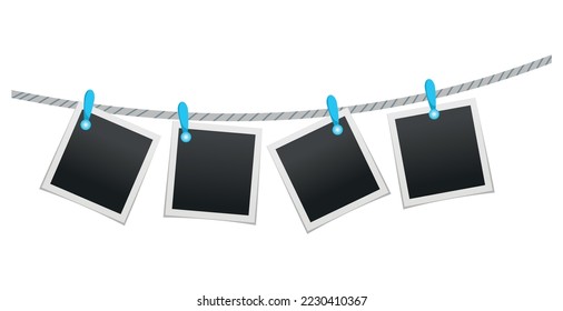 Photo frames hanging on rope attached with clothes pins or clothespin. Blank instant photo card icons isolated on white background