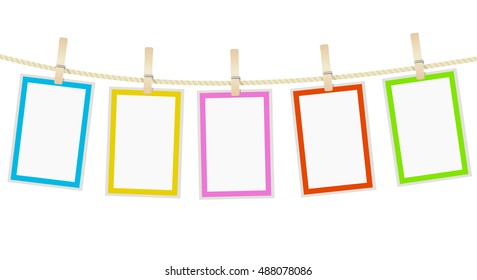 photo frames hanging on a rope with clothespins. vector 