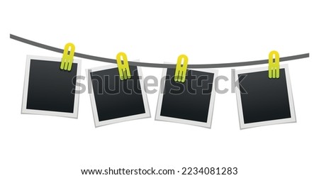 Photo frames hanging on rope attached with clothes pins or clothespin. Blank instant photo card icons isolated on white background