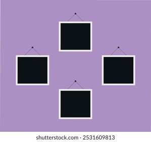 Photo frames hanging on the wall. Blank instant photographs on purple background. Vector illustration