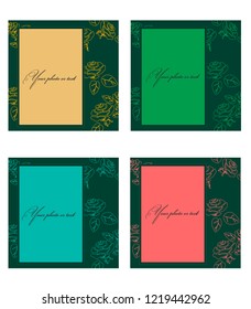 Photo frames or invitation cards for text with outlines of rose flowers in four shades. Set of cards on white background