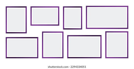 Marcos fotográficos aislados en fondo blanco, conjunto vectorial de marcos cuadrados púrpura de varios tamaños. Marco en blanco para su diseño.