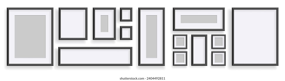 Photo frames isolated on white, rectangular frames mockup. Set of empty framing for presentations. Photo or picture painting frame, for art gallery interior. Vector template