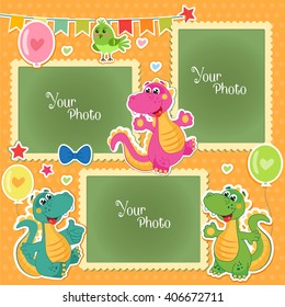 Photo Frames For Kids With Dinosaurs. Decorative Template For Baby, Family Or Memories Scrapbook Vector Illustration. Birthday Children's Photo Framework.