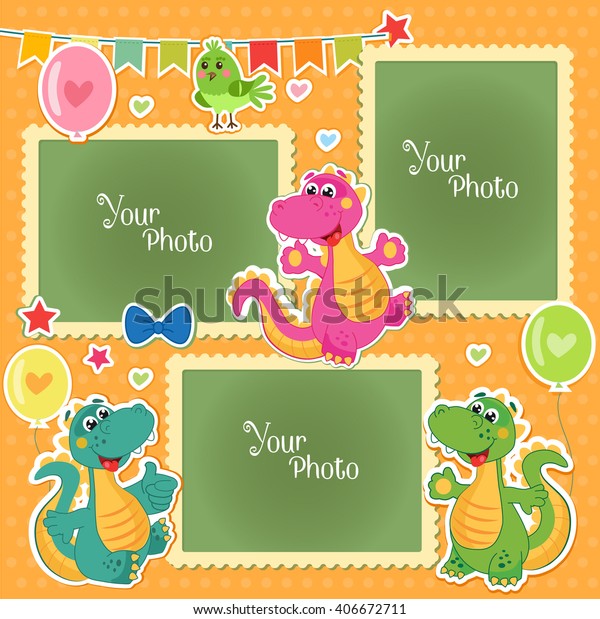 Photo Frames Kids Dinosaurs Decorative Template Stock Vector (Royalty ...