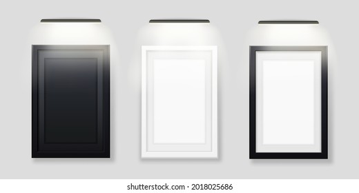 Photo frames with led backlit template. Black and white blank picture with illuminated lamp from top set of interior banners for vector gallery.