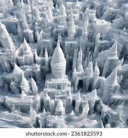 The photo frames a mesmerizing cityscape entirely constructed from ice, with intricate buildings, towers, and structures glistening like diamonds under the winter sun.
Each architectural element, from