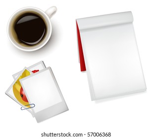 Photo frames, notebook and a cup of coffee. Photo-realistic vector.
