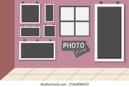 Photo frames with nuts and bolts, a collection of realistic vector decoration photos of different sizes on the background of home wall illustration