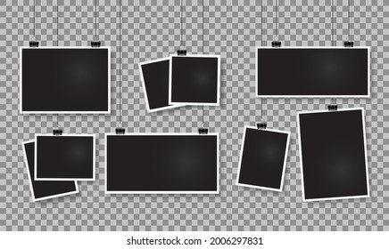 Photo frames on clips. Realistic blank picture frame hanging on paper clip. Vintage photos template on transparent background vector mockup. Photographs on rope gallery wall or exhibition