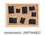 Photo frames on cork board. Blank glued photos collage. Mood board, callboard template. Memories snapshot mockup, vintage photography layout. Vector illustration.