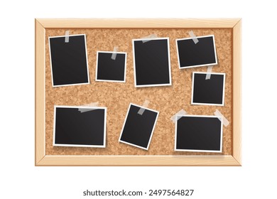 Photo frames on cork board. Blank glued photos collage. Mood board, callboard template. Memories snapshot mockup, vintage photography layout. Vector illustration.