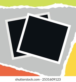 Photo frames on cut and torn paper background. Blank instant photos. Vector illustration