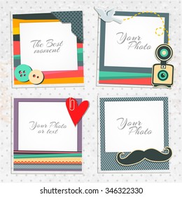 Photo frames on nice background. Decorative template for baby, family or memories. Scrapbook concept, vector illustration. Hipster style