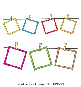 Photo frames on rope doodle sketch, vector.