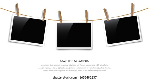 Photo frames on a rope with wooden clips, Vector illustration