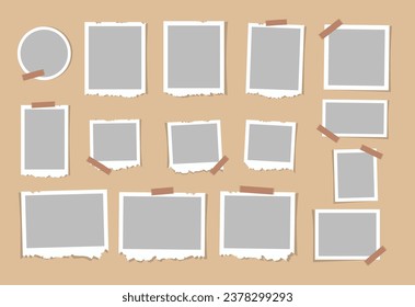 Photo frames pictures collage. Empty photo templates illustrations with shadows and with ragged edges. Vector collection. Vector set. Photo frames fixed with sticky tape . Digital photo wall template