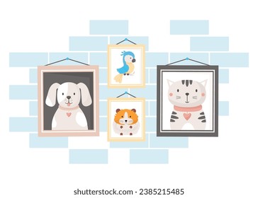 Photo frames with portraits of lovely pets on wall. Frames picture with Cute dog, cat, hamster and parrot macaw. Vector illustration