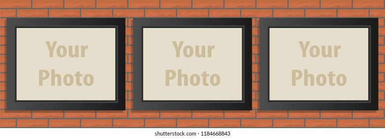 Photo frames, realistic black photo frames on a brick wall. A set of three photo frames. Flat design, vector.