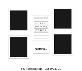 Molduras realistas. Fotos brancas vazias emolduram diferentes formas na parede. Conjunto isolado do vetor da maquete da fotografia da colagem da parede