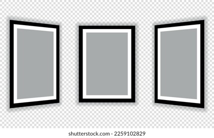 Photo frames, realistic mockup of square black and white frames, vector set. Empty frame for your design. Vector template for image, painting, poster, inscription or photo gallery