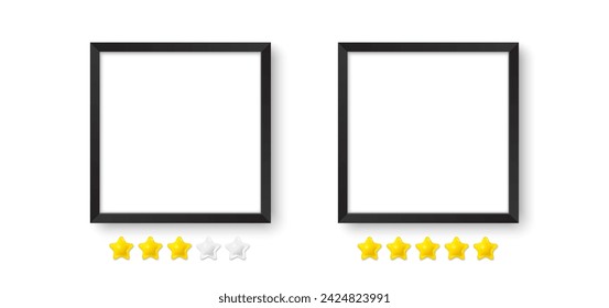 Fotorahmen, realistisches quadratisches schwarzes Rahmenmockup. Leerer Rahmen für Ihr Design. Vorlage für Bild, Malerei, Poster. Fünf Sterne bewerten das Feedback. Quadratischer 3D-Bilderrahmen. Vektorgrafik