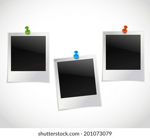 Photo frames retro instant picture black cards with pushpins vector illustration