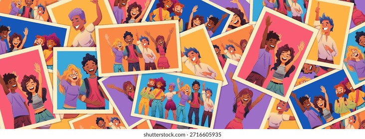 Photo frames set. Colorful flat design showing friends and colleagues capturing moments with smartphone. Happy characters creating album memories during vacation and celebrations.