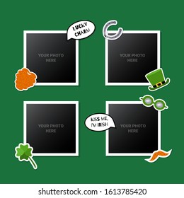 Photo frames set decorated with St. Patrick's Day stickers. Great for scrapbooking or memory album. Vector illustartion.