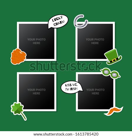 Photo frames set decorated with St. Patrick's Day stickers. Great for scrapbooking or memory album. Vector illustartion.