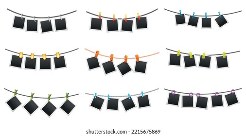 Marco de fotos colgado de una cuerda, con clavijas o vástagos. Iconos de tarjetas fotográficas instantáneas en blanco aislados en fondo blanco