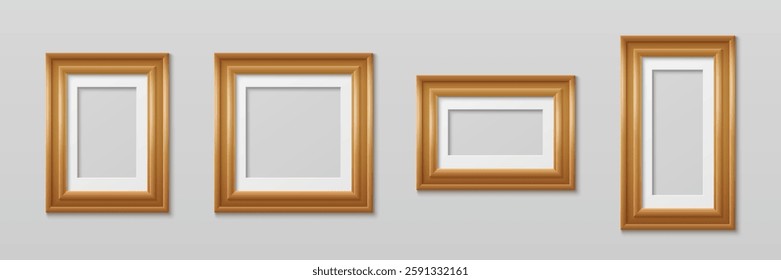 Photo frames set isolated on background. Vector realistic illustration of blank wooden borders for picture, certificate or art work, home, office or gallery interior decoration, painting exhibition