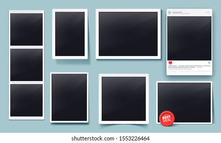 Photo frames with shadows. Social media post mockup, instant photo booth card template and retro memory album snap photos frames realistic vector set