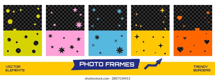 Рамки для фотографий со звездой и цветочным конфетти вырезаны на день рождения. Веселые мерцающие сердца и искры на розовой, голубой или желтой бумаге. Векторная вырезанная рама с темным клетчатым bg как прозрачный png.