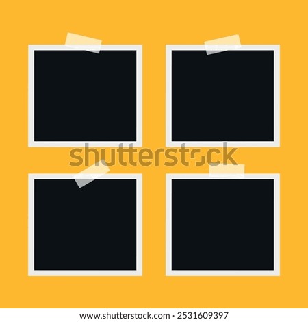 Photo frames stuck with sticky tape on the wall. Blank photographs set. Vector illustration