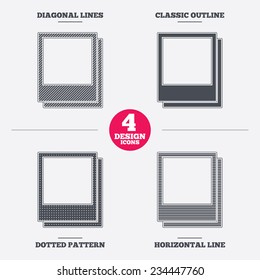 Photo frames template sign icon. Empty photography symbol. Diagonal and horizontal lines, classic outline, dotted texture. Pattern design icons.  Vector