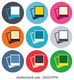 Photo frames template sign icon. Empty photography symbol. Colored round buttons. Flat design circle icons set. Vector